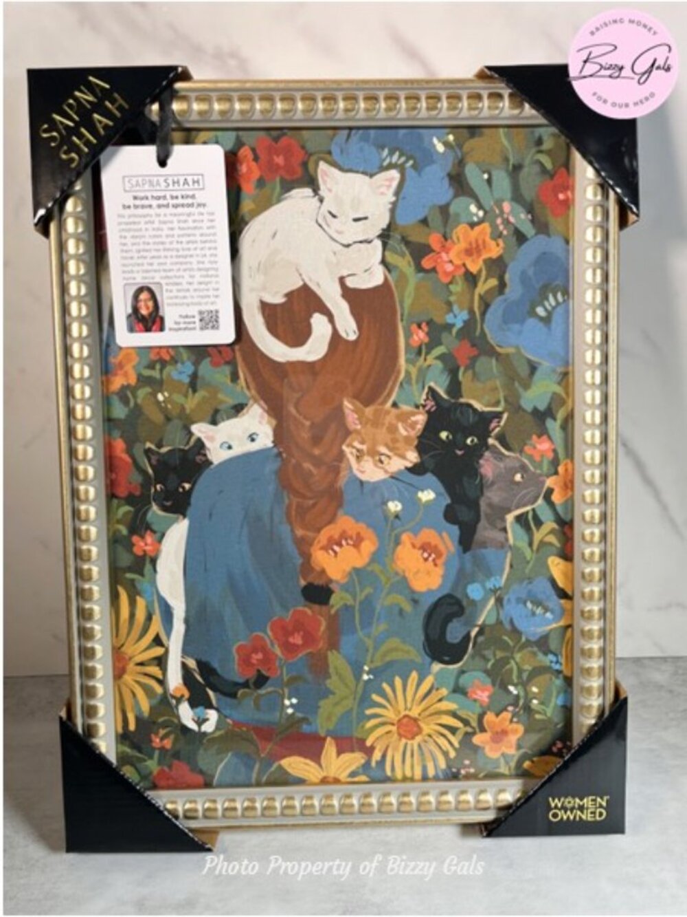 SAPNA SHAH Girl with Cats on Shoulder in Floral Garden Wall Art